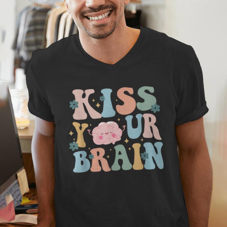 Kiss Your Brain Teacher Inspire Educate Groovy Retro Vintage Men's V-Neck T-Shirt, Groovy Teacher Shirts, funny gift Kiss Your Brain Teacher Inspire Educate Groovy Retro Vintage Men's V-Neck T-Shirt, Groovy Teacher Shirts, funny gift
