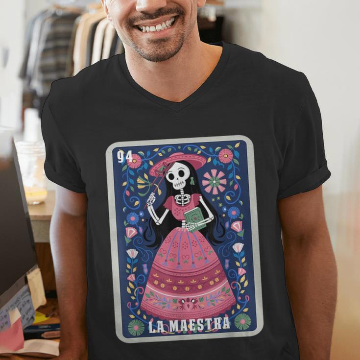 La Maestra Halloween Mexican Bingo Card Teacher Lottery Card Men's V-Neck T-Shirt, funny gift La Maestra Halloween Mexican Bingo Card Teacher Lottery Card Men's V-Neck T-Shirt, funny gift