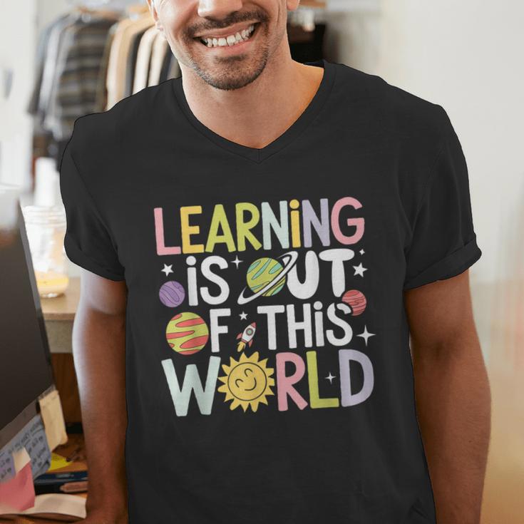 Learning Is Out Of This World Space Teacher Cute Groovy Men's V-Neck T-Shirt, Groovy Teacher Shirts, funny gift Learning Is Out Of This World Space Teacher Cute Groovy Men's V-Neck T-Shirt, Groovy Teacher Shirts, funny gift