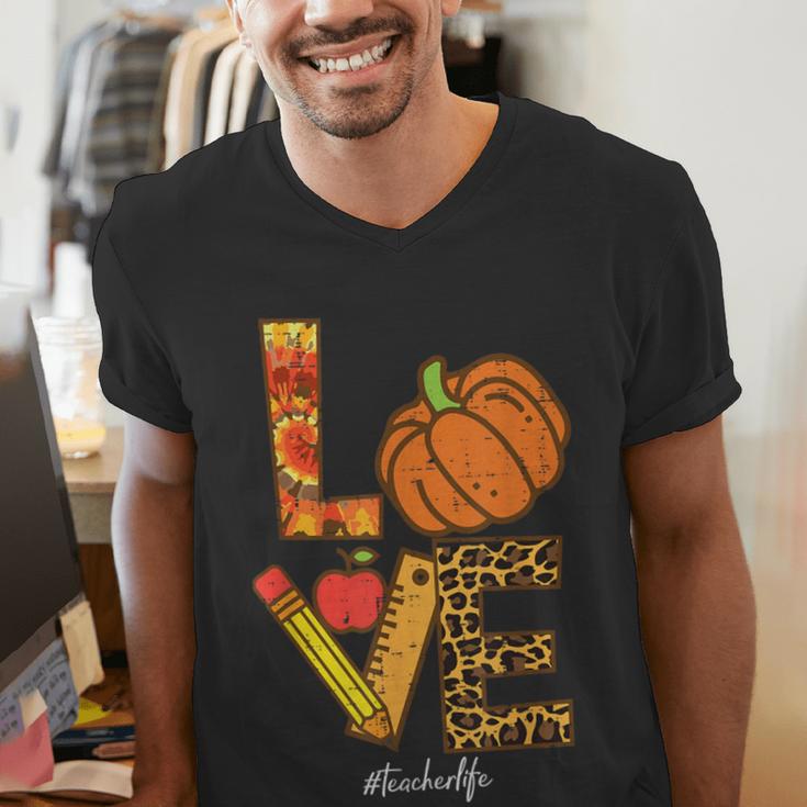 Leopard Pumpkin Love Teacher Life Thanksgiving Fall Women Men's V-Neck T-Shirt, funny gift