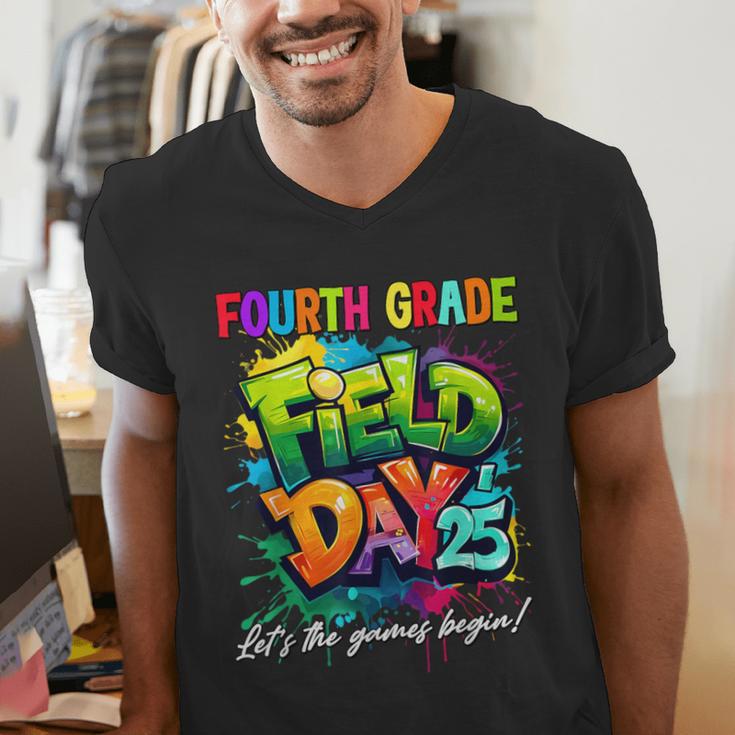 Let The Games Begin Fourth Grade Field Day 2025 Teacher Kid Men's V-Neck T-Shirt, funny gift