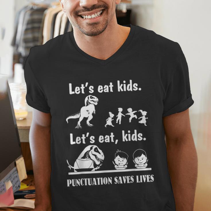 Let's Eat Kids Fun Dinosaurs Grammar Teacher Men's V-Neck T-Shirt, funny gift