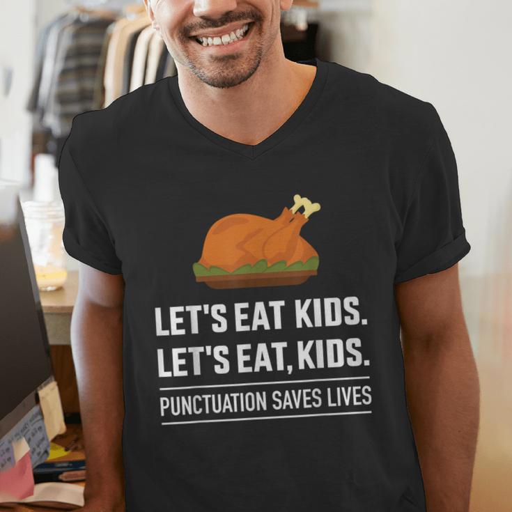 Let's Eat Kids Grammar For Thanksgiving Teacher Men's V-Neck T-Shirt, funny gift