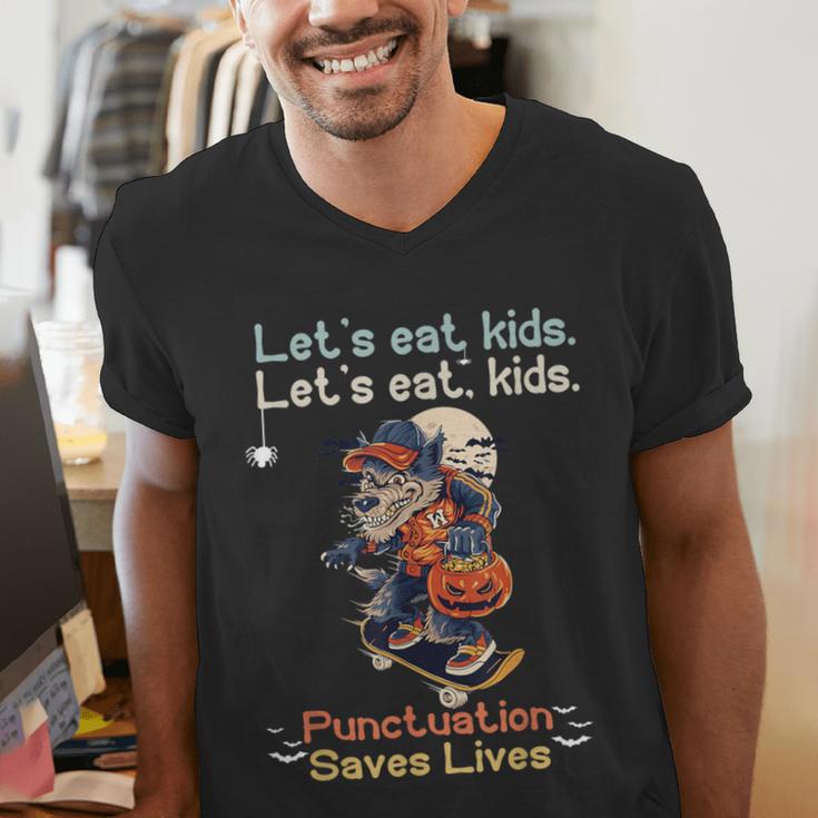 Let's Eat Kids Grammar Werewolf Halloween Teacher Men's V-Neck T-Shirt, funny gift