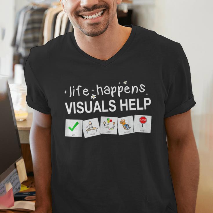 Life Happens Visuals Help Special Education Teacher Aide Men's V-Neck T-Shirt, funny gift Life Happens Visuals Help Special Education Teacher Aide Men's V-Neck T-Shirt, funny gift