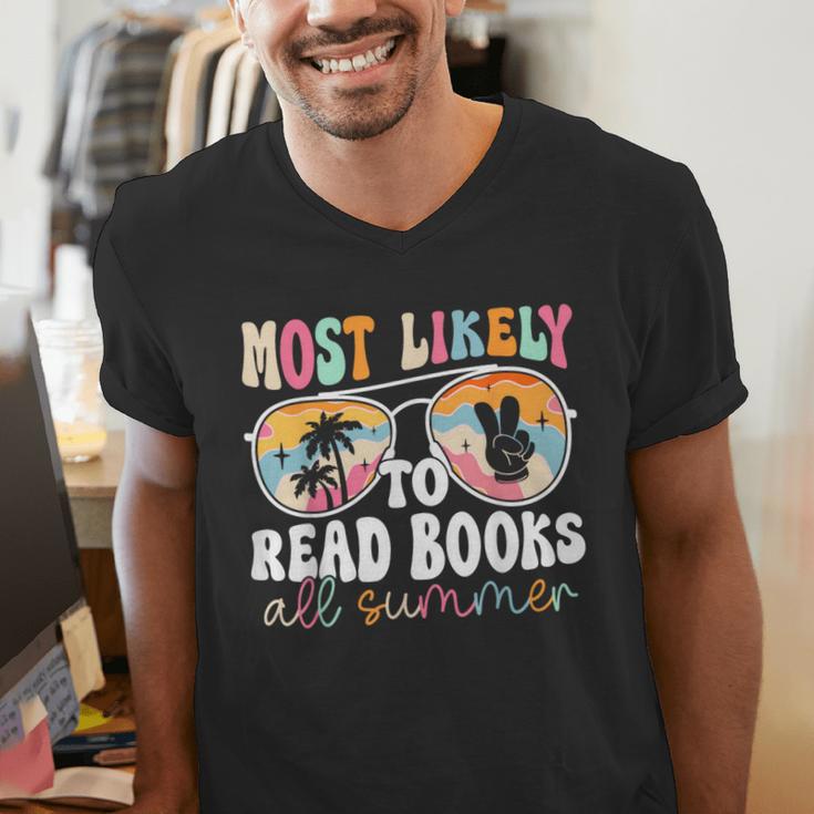 Most Likely To Read Books All Summer Teacher Student Men's V-Neck T-Shirt, funny gift Most Likely To Read Books All Summer Teacher Student Men's V-Neck T-Shirt, funny gift