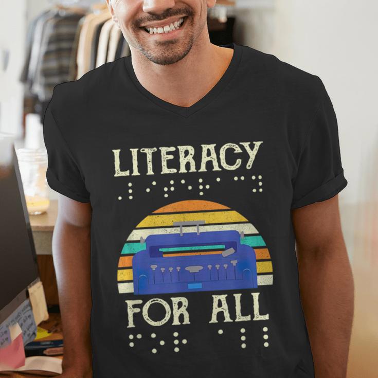 Literacy For All Visually Impaired Braille Teacher The Blind Men's V-Neck T-Shirt, funny gift Literacy For All Visually Impaired Braille Teacher The Blind Men's V-Neck T-Shirt, funny gift