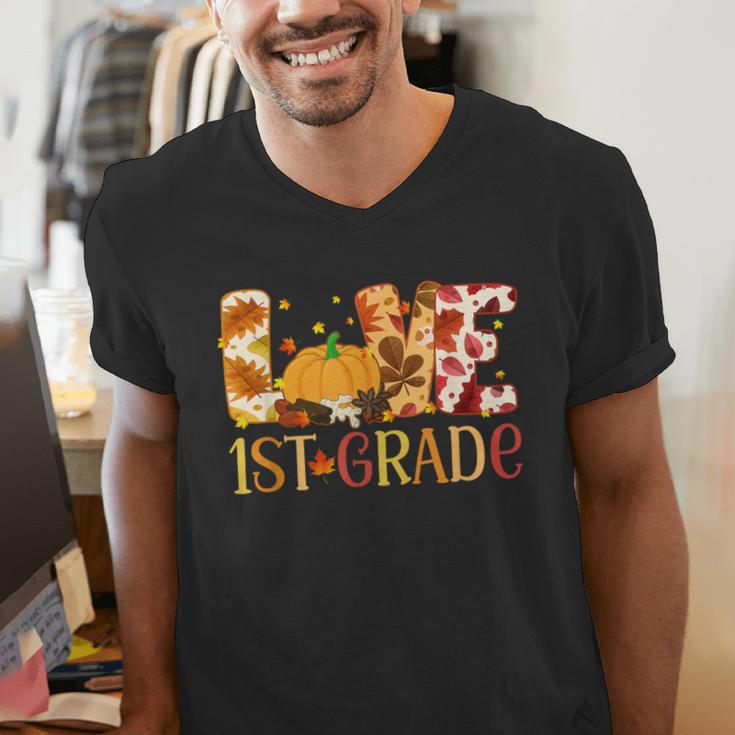 Love First Grade Happy Fall Thanksgiving Women 1st Teacher Men's V-Neck T-Shirt, First Grade Teacher Shirts, funny gift