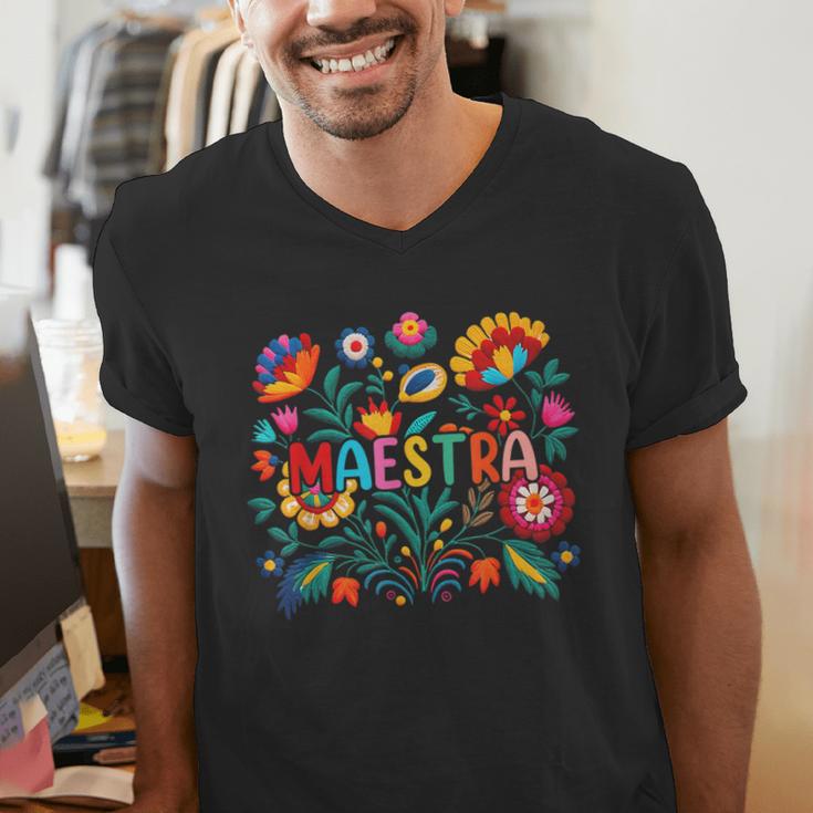 Maestra Flowers Spanish Teacher Cinco De Mayo Men's V-Neck T-Shirt, funny gift