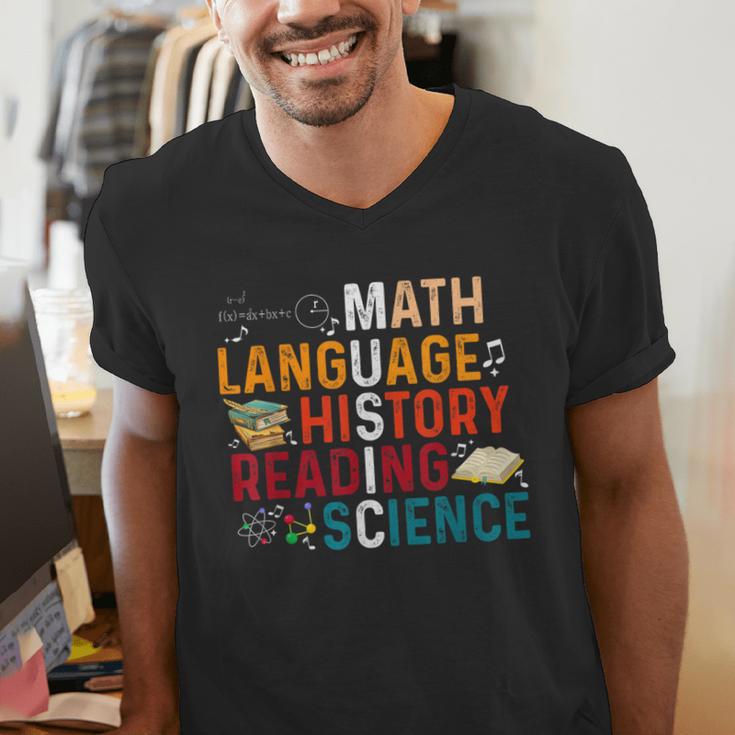 Math Language History Reading Science Music Teacher Men's V-Neck T-Shirt, Science Teacher Shirts, History Teacher Shirts, funny gift Math Language History Reading Science Music Teacher Men's V-Neck T-Shirt, Science Teacher Shirts, History Teacher Shirts, funny gift