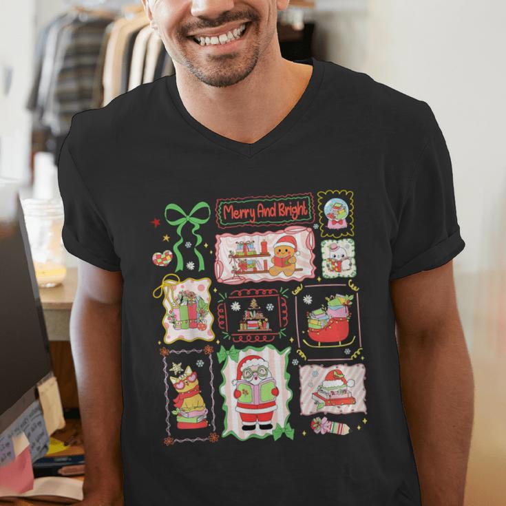 Merry And Bright Christmas Gingerbread Santa Book Teacher Men's V-Neck T-Shirt, funny gift