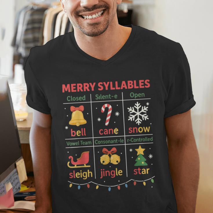 Merry Syllables Teacher Christmas Educational Kids Men's V-Neck T-Shirt, funny gift