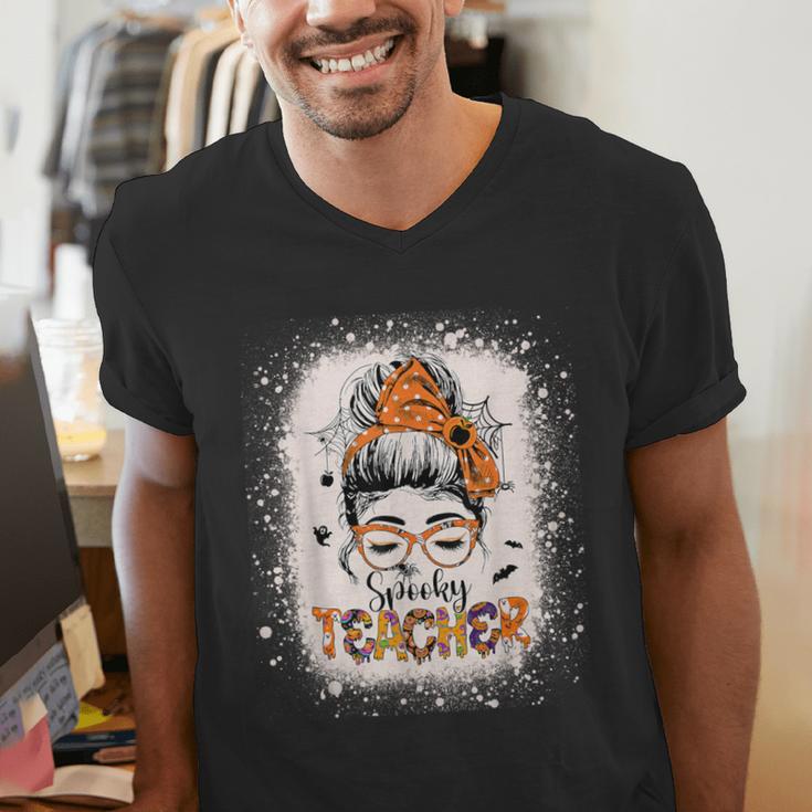 Messy Bun Spooky Teacher Bleached Halloween Teachers Men's V-Neck T-Shirt, funny gift Messy Bun Spooky Teacher Bleached Halloween Teachers Men's V-Neck T-Shirt, funny gift