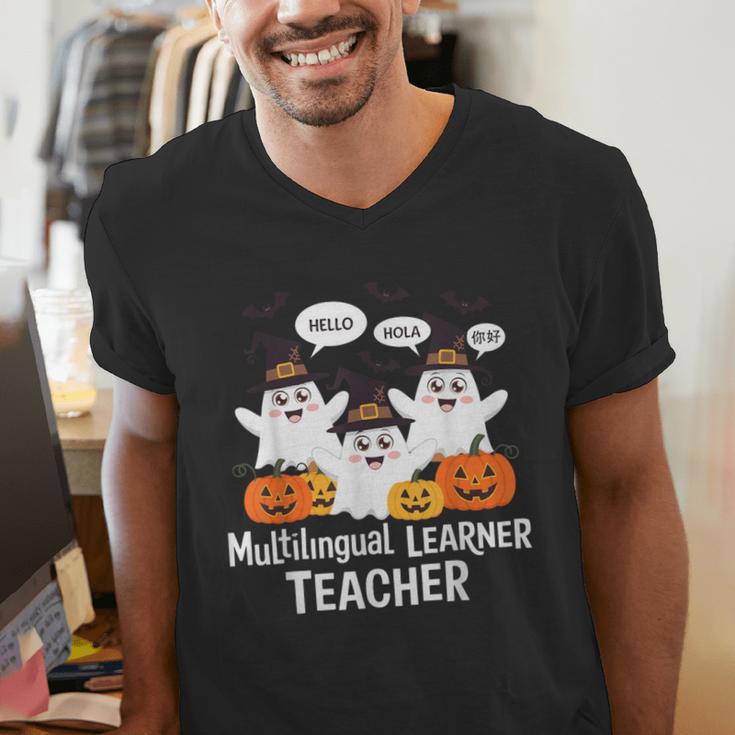 Multilingual Learner Teacher Spooky Halloween ESL Teacher Men's V-Neck T-Shirt, Esl Teacher Shirts, funny gift Multilingual Learner Teacher Spooky Halloween ESL Teacher Men's V-Neck T-Shirt, Esl Teacher Shirts, funny gift