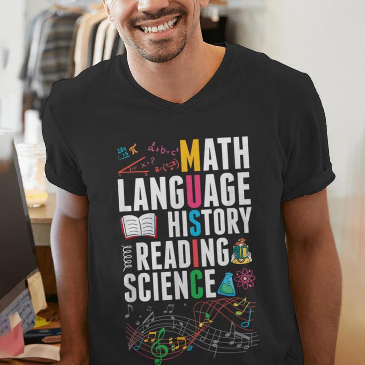 Music Teacher Music Math Language History Reading Science Men's V-Neck T-Shirt, Science Teacher Shirts, History Teacher Shirts, funny gift