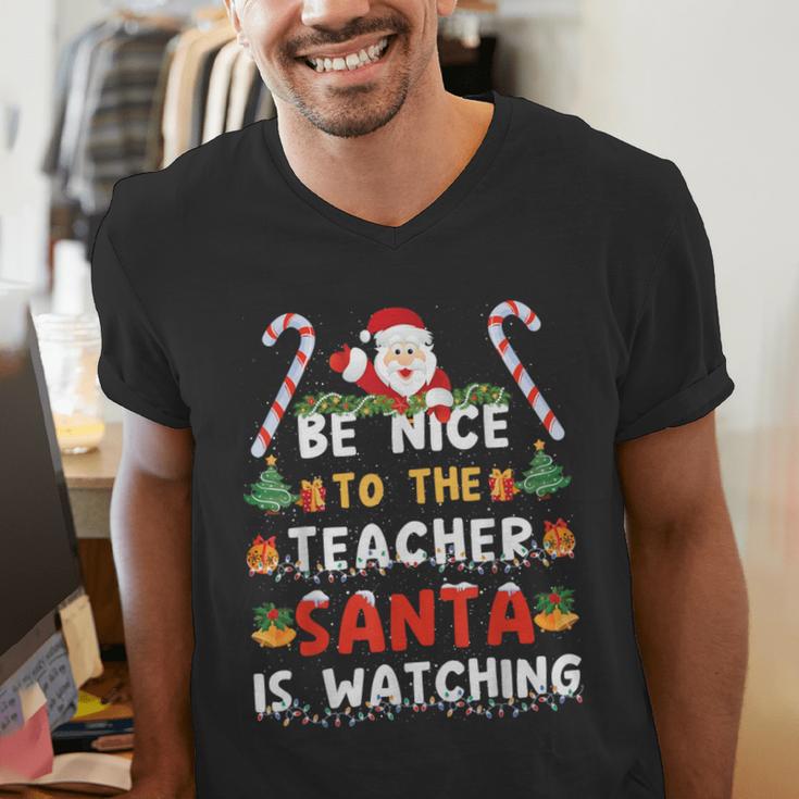 Be Nice To The Teacher Santa Is Watching Christmas Men's V-Neck T-Shirt, funny gift Be Nice To The Teacher Santa Is Watching Christmas Men's V-Neck T-Shirt, funny gift