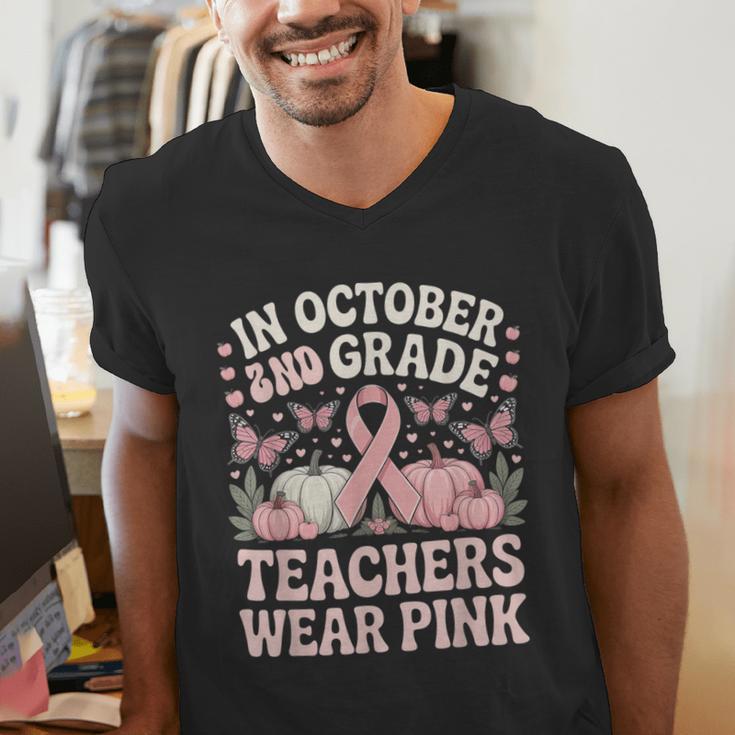 In October 2nd Grade Teachers Wear Pink Ribbon Breast Cancer Men's V-Neck T-Shirt, funny gift