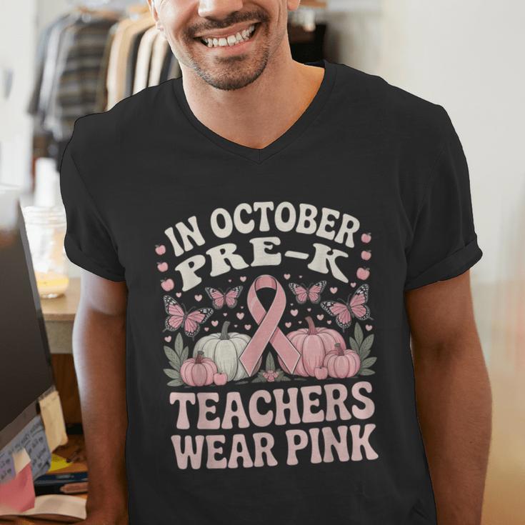 In October Pre-K Teachers Wear Pink Ribbon Breast Cancer Men's V-Neck T-Shirt, funny gift
