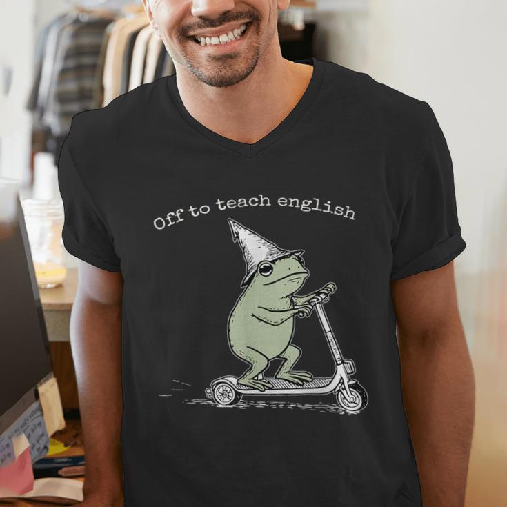 Off To Teach English Scooter Frog ESL Teacher Literature Men's V-Neck T-Shirt, Esl Teacher Shirts, English Teacher Shirts, funny gift