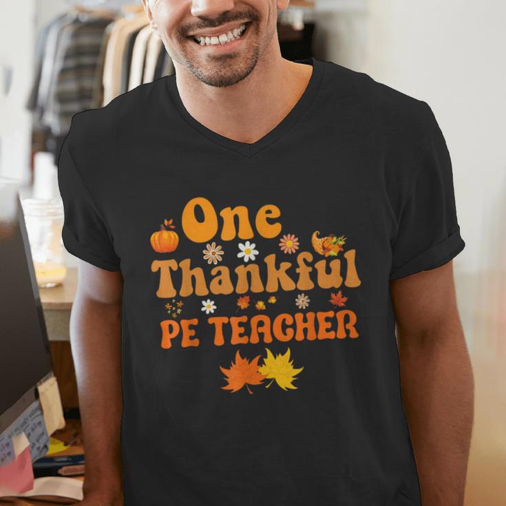 One Thankful PE Teacher Thanksgiving Fall Autumn Groovy Men's V-Neck T-Shirt, Groovy Teacher Shirts, Pe Teacher Shirts, funny gift