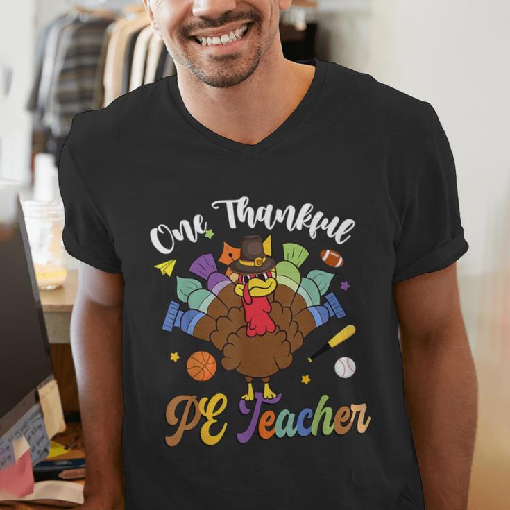 One Thankful PE Teacher Turkey Thanksgiving -Adults & Kids Classic Fit Polyester 100 Short Sleeve Men's V-Neck T-Shirt, Pe Teacher Shirts, funny gift