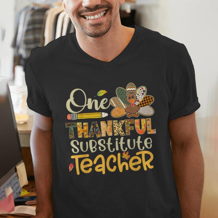 One Thankful Substitute Teacher Turkey Leopard Thanksgiving For Men Women Men's V-Neck T-Shirt, funny gift