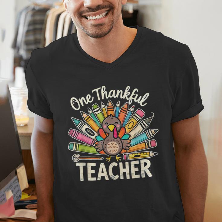 One Thankful Teacher Cute Thanksgiving Turkey School Men's V-Neck T-Shirt, funny gift One Thankful Teacher Cute Thanksgiving Turkey School Men's V-Neck T-Shirt, funny gift