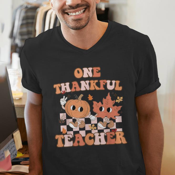 One Thankful Teacher Fall Leaves Thanksgiving Retro Men's V-Neck T-Shirt, funny gift One Thankful Teacher Fall Leaves Thanksgiving Retro Men's V-Neck T-Shirt, funny gift