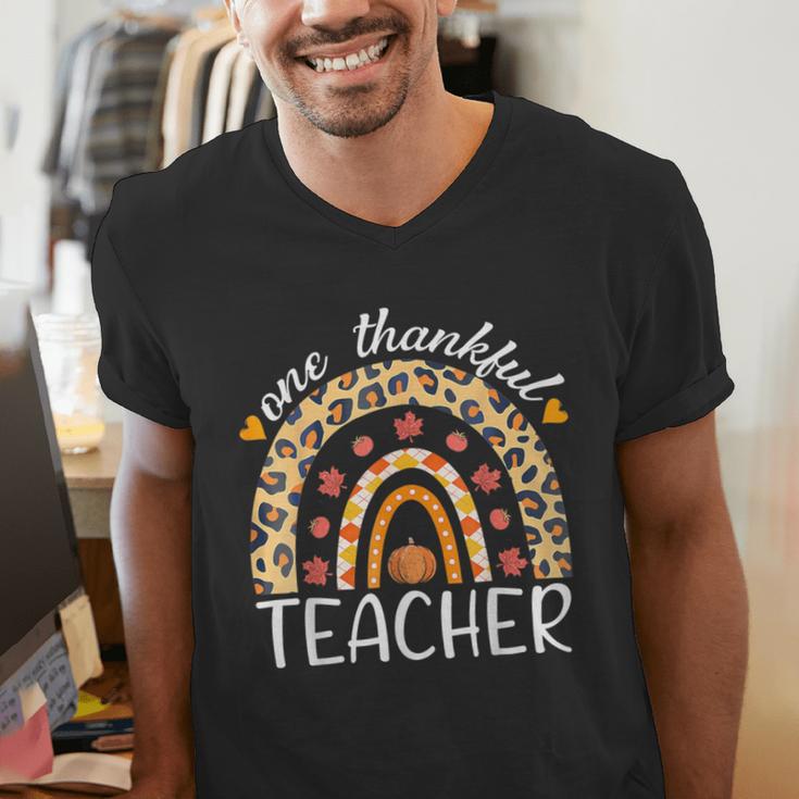 One Thankful Teacher Thanksgiving Rainbow Leopard Fall Men's V-Neck T-Shirt, funny gift One Thankful Teacher Thanksgiving Rainbow Leopard Fall Men's V-Neck T-Shirt, funny gift