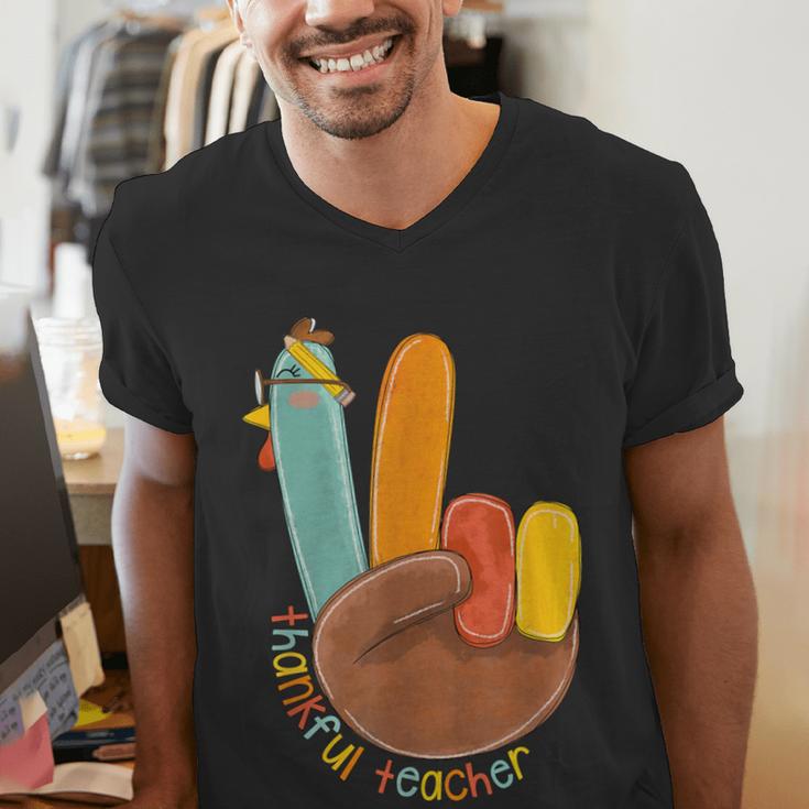 One Thankful Teacher Thanksgiving Turkey Peace Hand Sign Men's V-Neck T-Shirt, funny gift One Thankful Teacher Thanksgiving Turkey Peace Hand Sign Men's V-Neck T-Shirt, funny gift