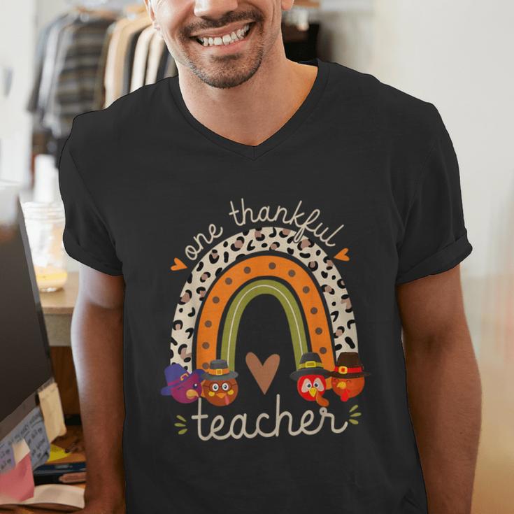 One Thankful Teacher Thanksgiving Turkey Rainbow Fall Men's V-Neck T-Shirt, funny gift One Thankful Teacher Thanksgiving Turkey Rainbow Fall Men's V-Neck T-Shirt, funny gift