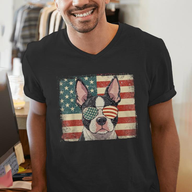 Patriotic Boston Terrier Dog Lover USA Flag 4th Of July For Men Women Kids Men's V-Neck T-Shirt, Patriotic Boston Terrier Shirts, Boston Terrier 4th Of July Shirts, funny gift