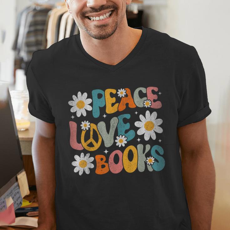 Peace Love Books Bookworm Librarian Reading Teacher Groovy Men's V-Neck T-Shirt, Groovy Teacher Shirts, funny gift
