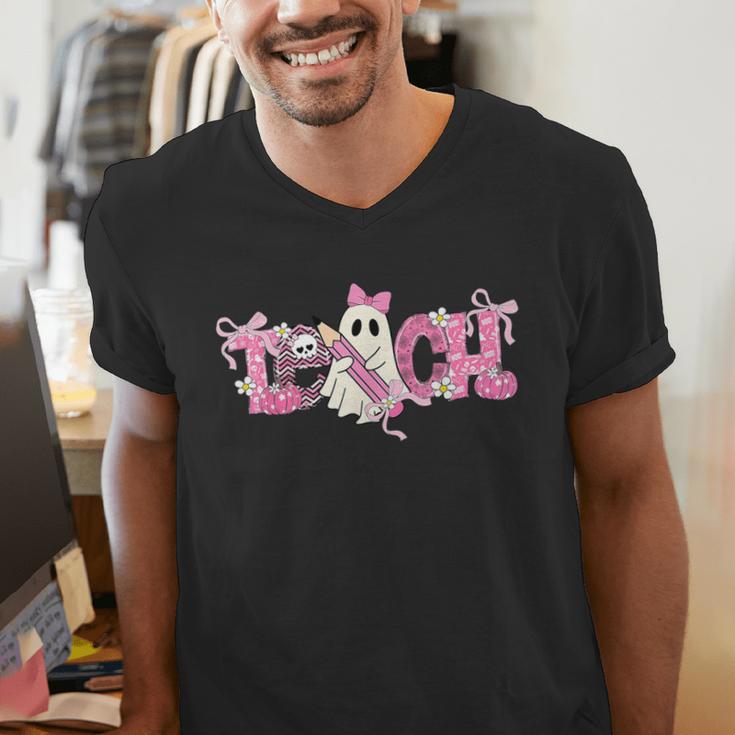Pink Ghost Teach Halloween Teacher In Spooky Season Men's V-Neck T-Shirt, funny gift Pink Ghost Teach Halloween Teacher In Spooky Season Men's V-Neck T-Shirt, funny gift