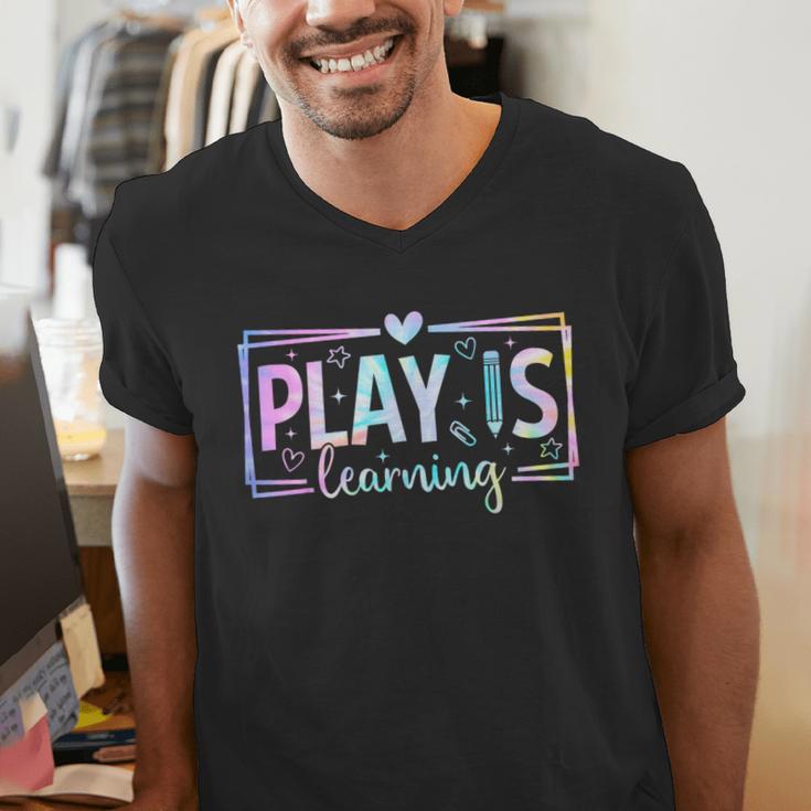 Play Is Learning Kindergarten Teacher Team Women Men's V-Neck T-Shirt, funny gift Play Is Learning Kindergarten Teacher Team Women Men's V-Neck T-Shirt, funny gift