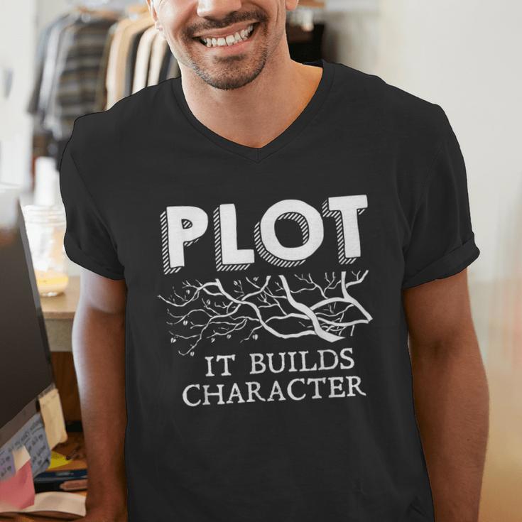 Plot It Builds Character Book Reading Teacher Men's V-Neck T-Shirt, funny gift Plot It Builds Character Book Reading Teacher Men's V-Neck T-Shirt, funny gift