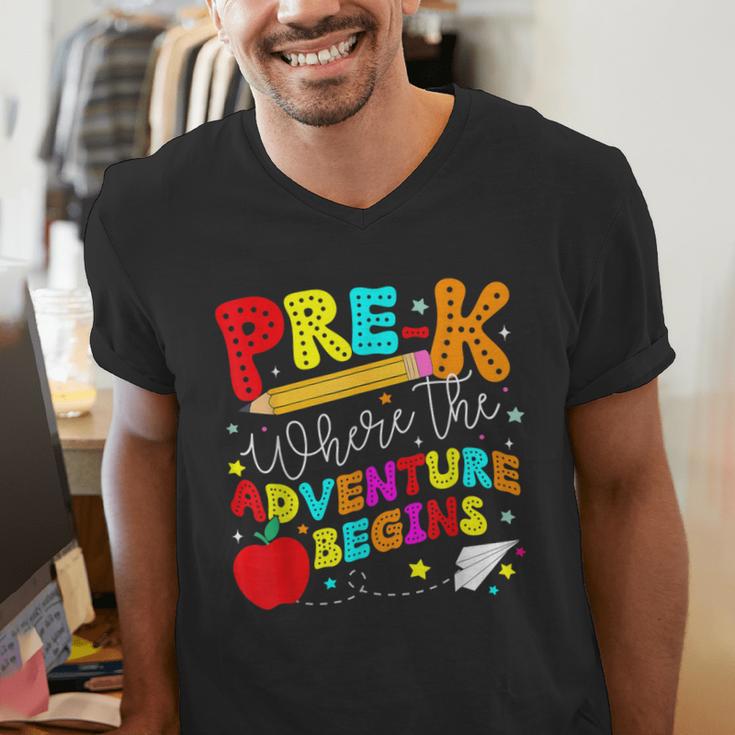 Pre-k Where The Adventure Begins First Day Of Prek Teacher Men's V-Neck T-Shirt, funny gift
