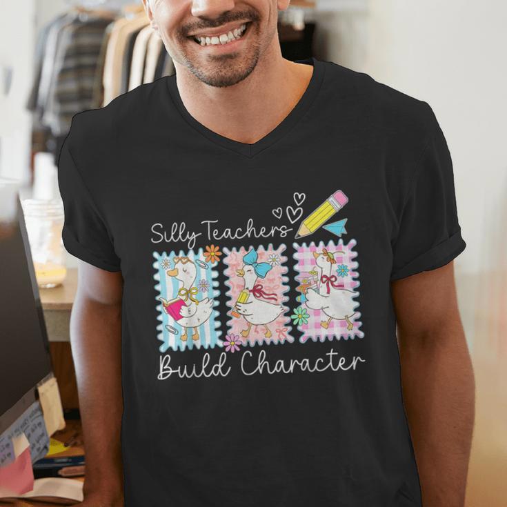Preppy Silly Teacher Goose Build Character Back To School Men's V-Neck T-Shirt, funny gift