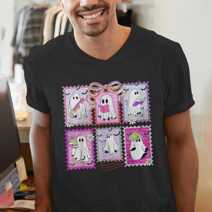Preppy Spooky Teacher Halloween Ghost Coquette Bow Autumn Men's V-Neck T-Shirt, funny gift