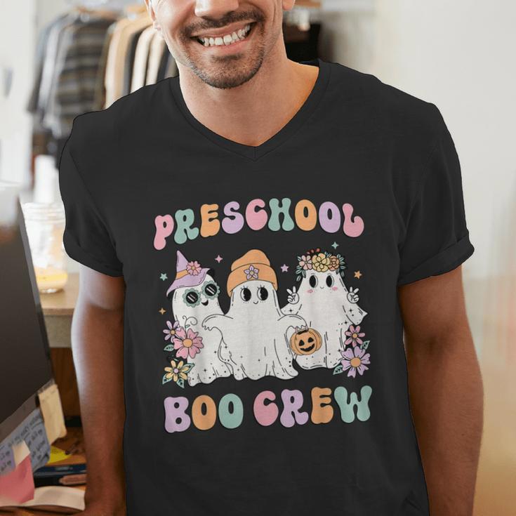 Preschool Boo Crew Groovy Halloween Floral Ghost Teacher Men Women Kids Men's V-Neck T-Shirt, Groovy Teacher Shirts, funny gift