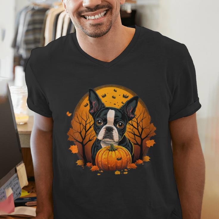 Pumpkin Boston Terrier Costume On Boston Terrier Halloween Men's V-Neck T-Shirt, Boston Terrier Halloween Shirts, funny gift