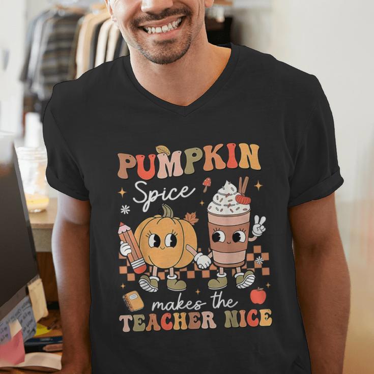 Pumpkin Spice Makes Teacher Nice Retro Fall Spooky Season Men's V-Neck T-Shirt, funny gift