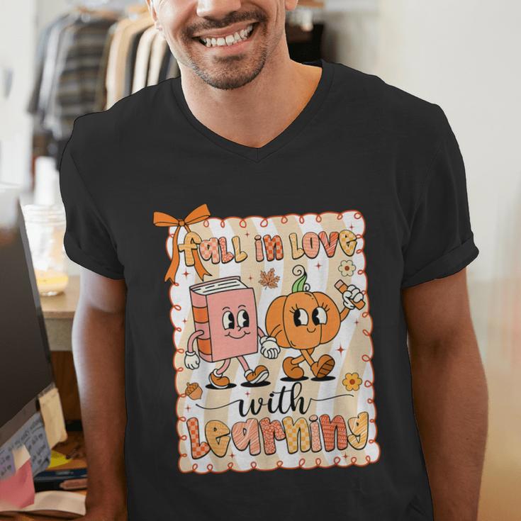 Pumpkin Teacher Preppy Fall In Love With Learning Autumn Men's V-Neck T-Shirt, funny gift