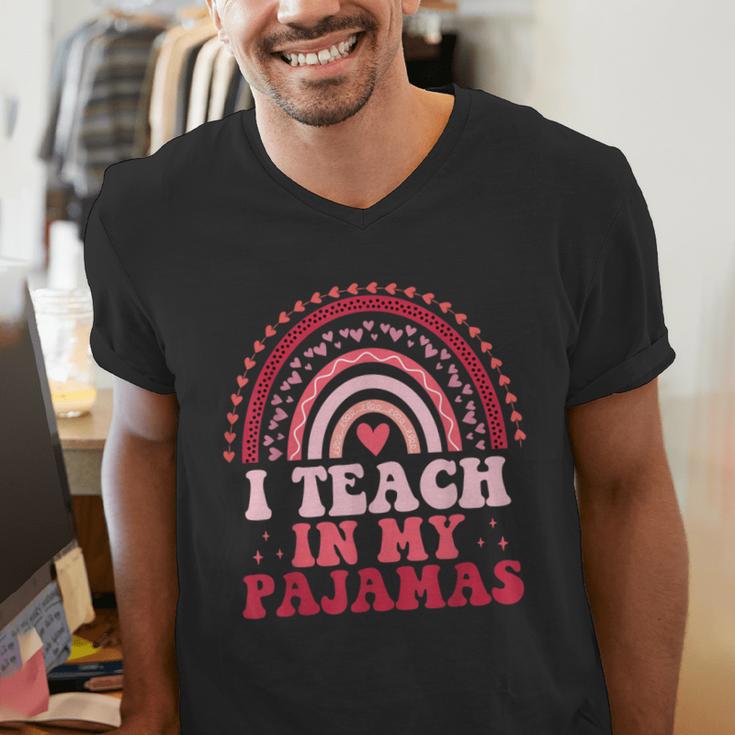 Rainbow Retro Homeschool Mom Teacher I Teach In My Pajamas Men's V-Neck T-Shirt, funny gift Rainbow Retro Homeschool Mom Teacher I Teach In My Pajamas Men's V-Neck T-Shirt, funny gift