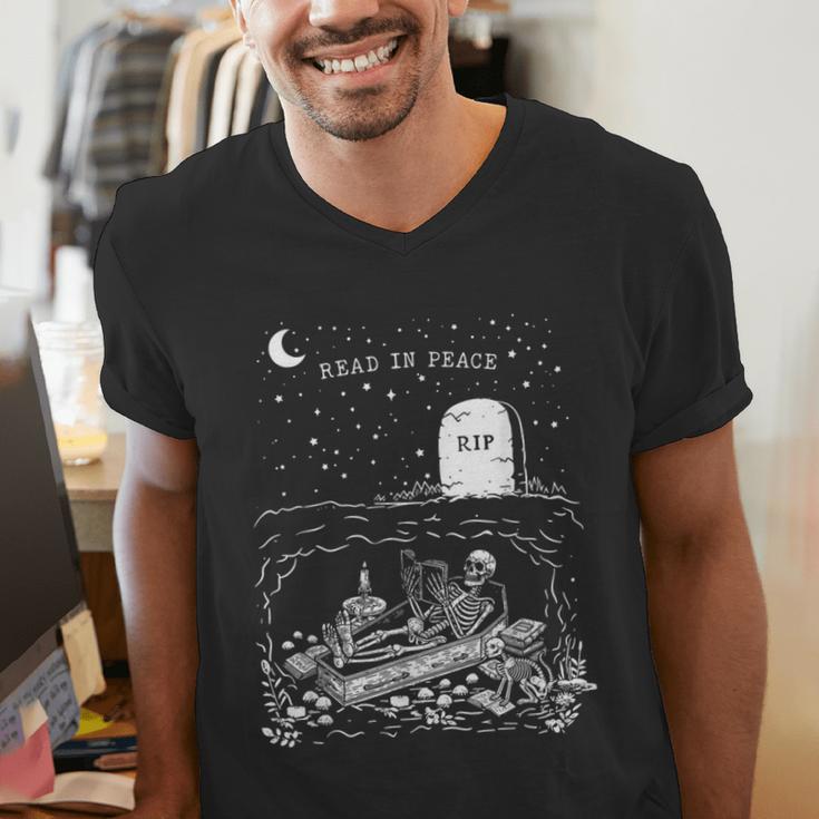 Read In Peace Skeleton Halloween Book Reading Spooky Teacher Men's V-Neck T-Shirt, funny gift Read In Peace Skeleton Halloween Book Reading Spooky Teacher Men's V-Neck T-Shirt, funny gift