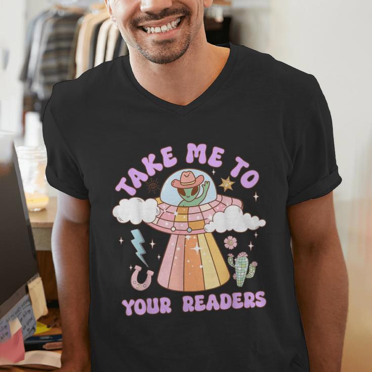 Take Me To Your Readers Alien Teacher Halloween Literacy Men's V-Neck T-Shirt, funny gift