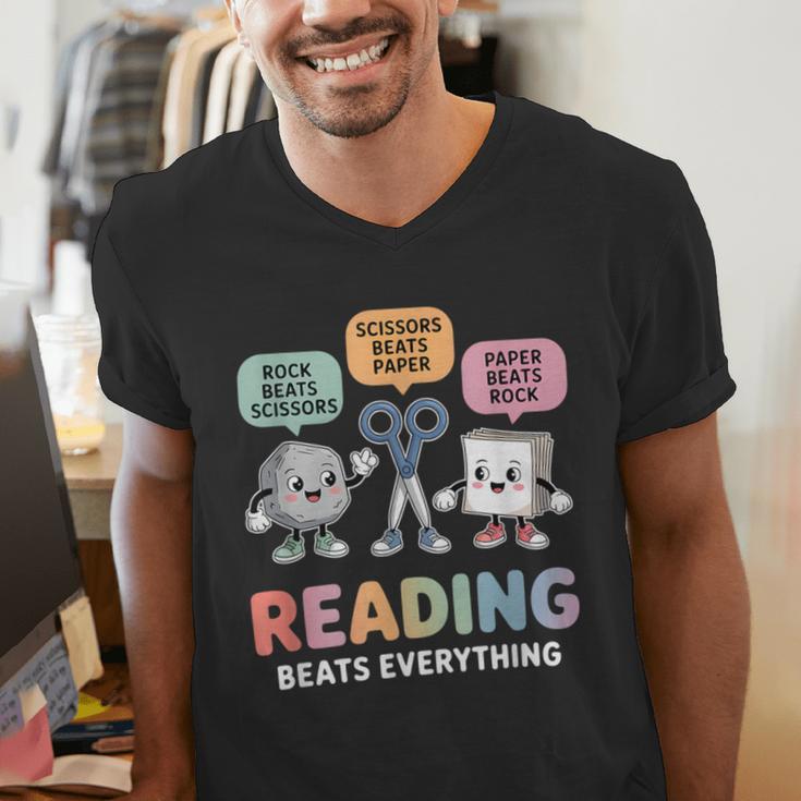 Reading Beats Everything Teacher Rock Paper Scissors Men's V-Neck T-Shirt, funny gift Reading Beats Everything Teacher Rock Paper Scissors Men's V-Neck T-Shirt, funny gift