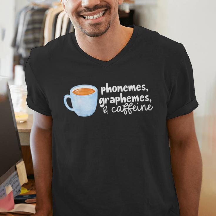 Reading Interventionist Specialist Teacher Phonemes Graphemes And Caffeine Reading Intervention -Adults Classic Fit Short Sleeve Men's V-Neck T-Shirt, funny gift