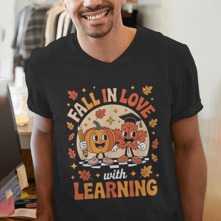 Retro Fall In Love With Learning Pumpkin Leaf Teacher Autumn Men's V-Neck T-Shirt, funny gift Retro Fall In Love With Learning Pumpkin Leaf Teacher Autumn Men's V-Neck T-Shirt, funny gift