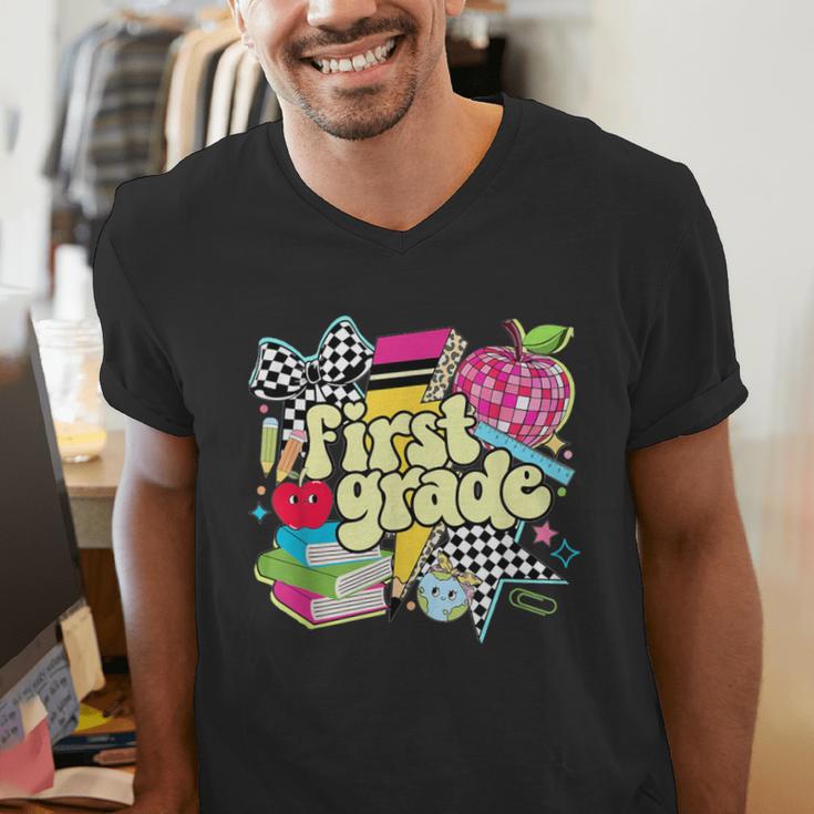 Retro First Grade Teacher Disco Ball Coquette Back To School Men's V-Neck T-Shirt, First Grade Teacher Shirts, funny gift Retro First Grade Teacher Disco Ball Coquette Back To School Men's V-Neck T-Shirt, First Grade Teacher Shirts, funny gift